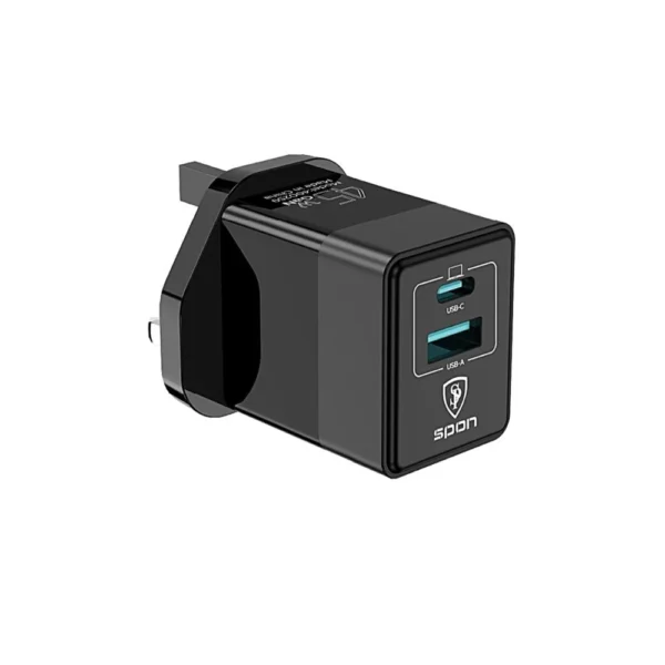 شاحن جداري سبون بقوة 45 واط بتقنية gan ثنائي المنافذ (usb c + qc5.0 usb a)